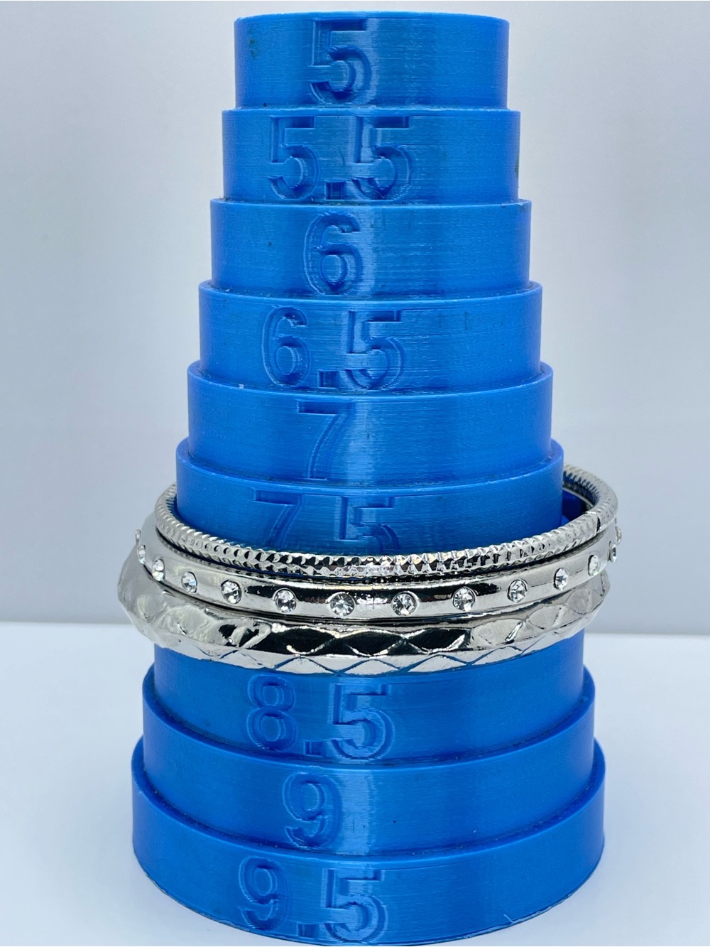 Silver Tone Stackable Bangle Set Rhinestone Textured Bracelets - Picture 3 of 6